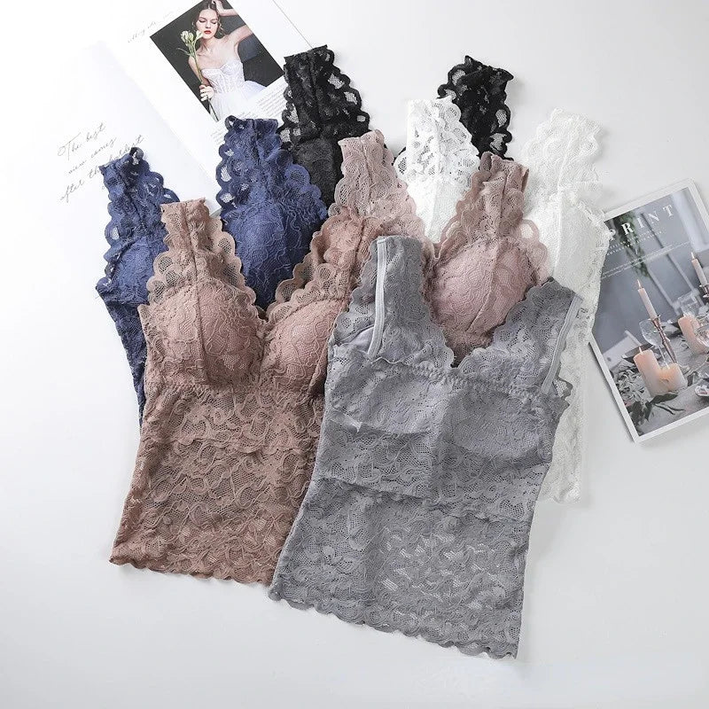 Fashion Bottoming Underwear Thin Backless Sling Hollow Out Lace V-neck Vest Top Sleeveless Bra Vest Inside Wear  Lace Tank Top