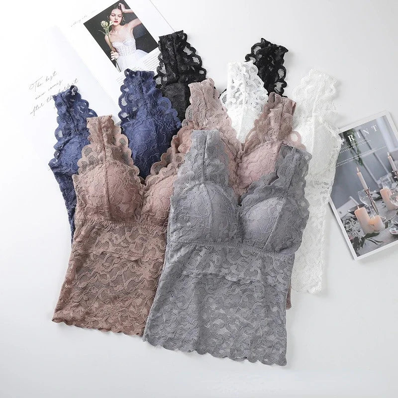 Fashion Bottoming Underwear Thin Backless Sling Hollow Out Lace V-neck Vest Top Sleeveless Bra Vest Inside Wear  Lace Tank Top