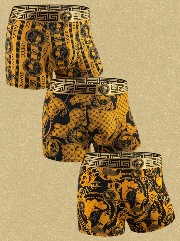 3 PCS summer ice silk refreshing and breathable black gold chain luxury men's boxer briefs with gift box