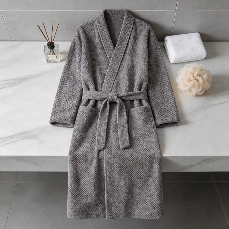 Men's Winter Thicken Thermal Bathrobe Sets Underwear with Straps Pockets Breathable Quick Dry Male Bath Cloth for SPA Baths Pant