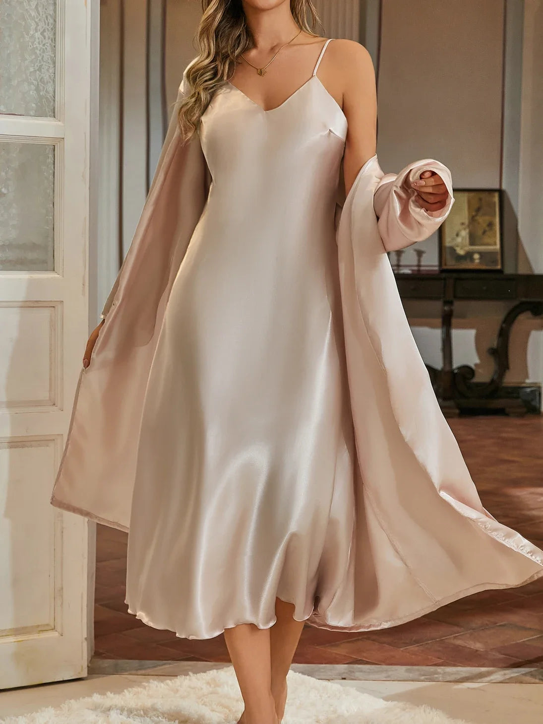 Two Piece Womens Elegant V Neck Long Nightgown and Robe Set Extra Long Camisole Extra Long Robe Solid Color Homewear Set