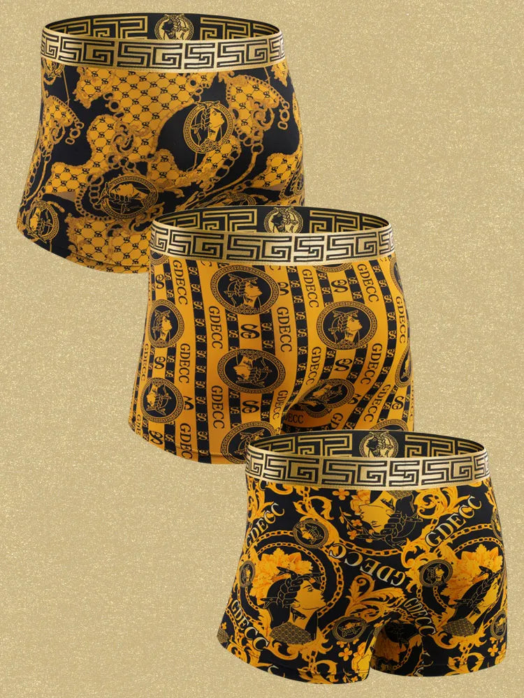 3 PCS summer ice silk refreshing and breathable black gold chain luxury men's boxer briefs with gift box